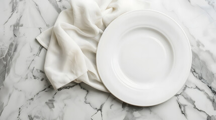 Wall Mural - Empty white plate and napkin on light grey marble table flat lay : Generative AI