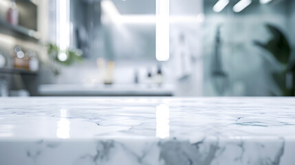 Poster - Empty marble top table with blurred bathroom interior Background for product display montage : Generative AI