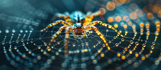 Wall Mural - Spider on dew-covered web