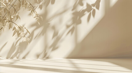 Poster - Minimalistic abstract gentle light beige background for product presentation with light andand intricate shadow from the window and vegetation on wall : Generative AI