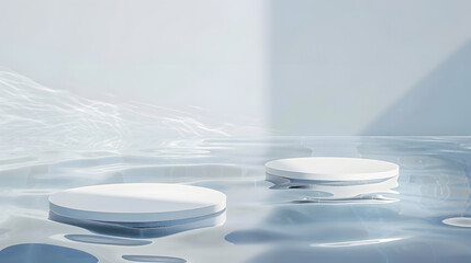 Aufkleber - Two empty clear white circle podiums on transparent calm water texture with splashes and waves in sunlight Abstract nature background for product presentation Flat lay cosmetic mockup  : Generative AI