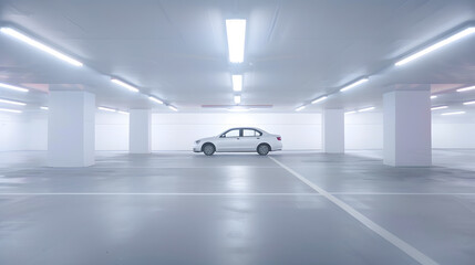 Poster - Single white car in an empty parking lot in an underground parking : Generative AI