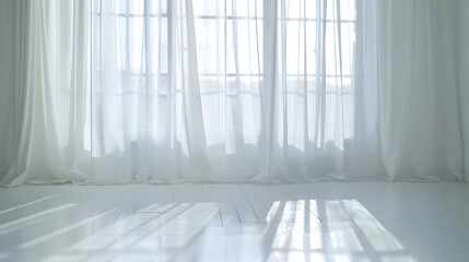 Aufkleber - Backlit window with white curtains in empty room : Generative AI