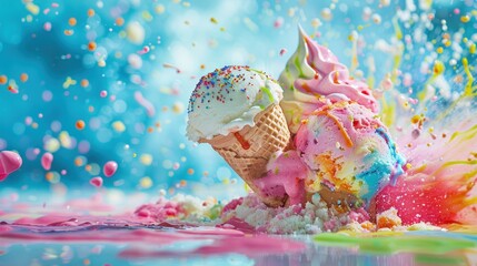 Wall Mural - Delicious ice cream explosion on blue background