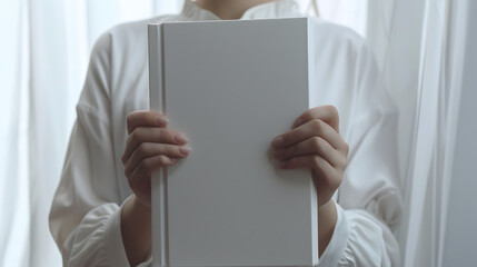 Poster - White book cover in womans hands Book cover for mock up : Generative AI