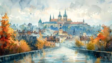 Wall Mural - Dreamy city: watercolor sketch of a historic old town