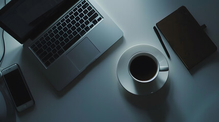 Leinwandbilder - office working desk top view with laptop notepad and coffee : Generative AI