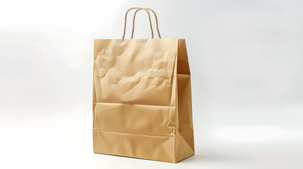 Poster - Paper bag Kraft paper shopping bag Brown folded paper bag with handle Empty grocery paper bag Recycled carton package for supermarket High quality and resolution photo Isolated white b : Generative AI