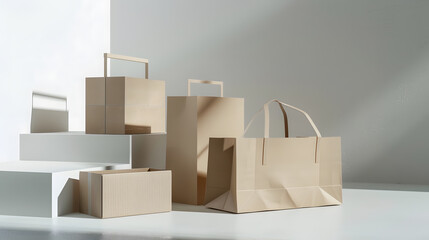 Poster - Cardboard boxes and paper bag isolated on white : Generative AI