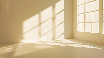 Fototapete - Beige studio background for product presentation Shadow of Window and Sunlight on Empty Room White Wall and Floor Summer concert Blurred backdrop : Generative AI