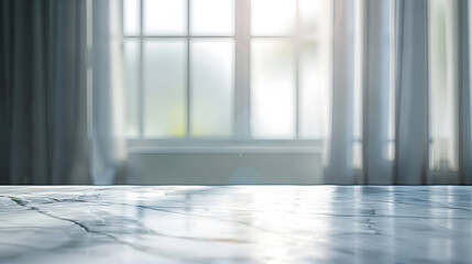 Leinwandbilder - Empty marble table top with blur window curtain background : Generative AI