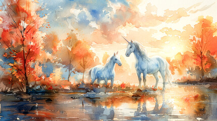 Wall Mural - Playful fantasy: watercolor unicorns in a fairytale landscape