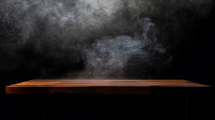Aufkleber - On a black background an empty wooden table with smoke floats up Empty space for displaying your products with a smoke float up on a dark background Space available for displaying your : Generative AI