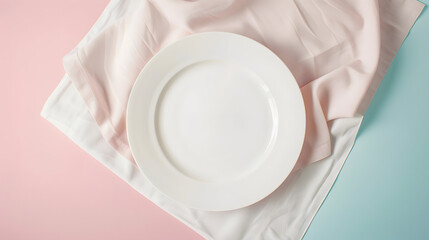 Aufkleber - Top view on colored background empty round white plate on tablecloth for food Empty dish on napkin with space for your design : Generative AI