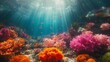 A magical underwater world teeming with colorful coral reefs, exotic fish, and shafts of sunlight dancing through the water