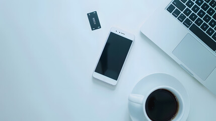 Aufkleber - White Working table desk with laptop smartphone coffee mug memory card on white background Flat lay top view copy space : Generative AI