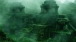 A mystical ancient ruins shrouded in mist, their weathered stone walls hinting at a long-forgotten civilization