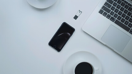 Aufkleber - White Working table desk with laptop smartphone coffee mug memory card on white background Flat lay top view copy space : Generative AI