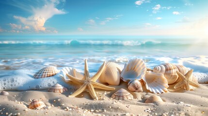 Beach sea themed banner with beautiful shells and coral.
