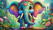 oil painting style cartoon character Multicolored cartoon character Elephant with tusks standing on top of white., 