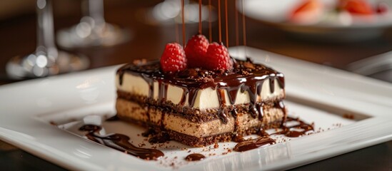 Wall Mural - Chocolate cake with raspberries on plate