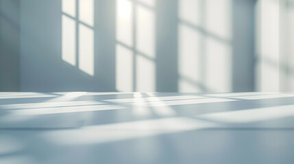 Poster - Empty white desk with morning light and shadows of windows with copy space summer concert Blurred backdrop abstract background for display product : Generative AI