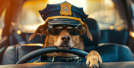 Wall Mural - A dog in police uniform inside a police car