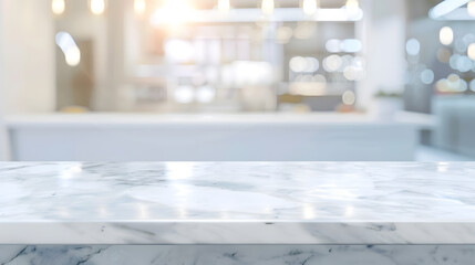 Leinwandbilder - Empty white table top counter desk background over blur perspective bokeh light background White marble stone table shelf and blurred kitchen restaurant for food product display mockup : Generative AI