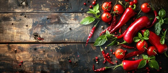 Wall Mural - Fresh red peppers and tomatoes on wooden table