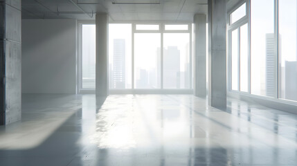 Aufkleber - Empty loft room with white walls city view and concrete floor 3D Render : Generative AI