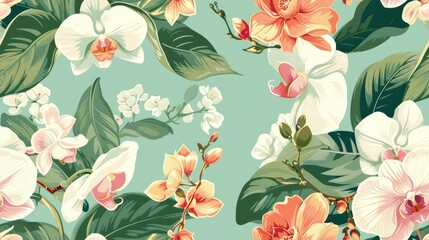 Wall Mural - Seamless pattern background featuring a collection of vintage botanical illustrations with Orchid Hydrangea Magnolia flowers and leaves in retro colors