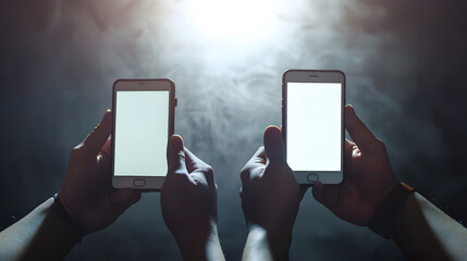Aufkleber - Two hands holding smart phone with blank screen in horizontal orientation and playing video games : Generative AI