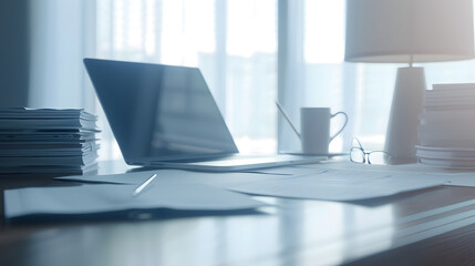 Poster - Manager working desk with laptop computer document paperwork and office suppliers : Generative AI