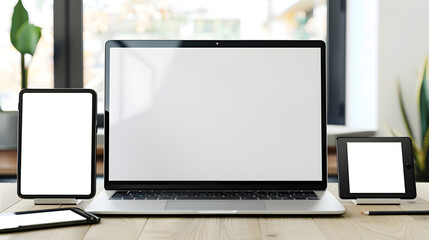 Poster - Tablet pc and laptop computer isolated white screen with mobile smartphone on wood table for mock up design or advertising display : Generative AI