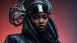 © F U T U R O  - Fashion Surreal Concept. Closeup portrait of black woman in avant garde ethereal futuristic swirl edgy headgear outfit. illuminated dynamic composition. sensual, advertisement, magazine.