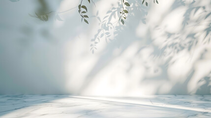 Aufkleber - Minimalistic light background with blurred foliage shadow on a light wall Beautiful background for presentation with with marble floor : Generative AI