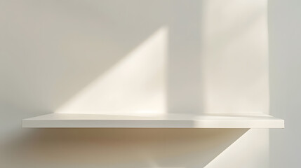 Wall Mural - Empty white shelf horizontal background Minimalist table top with empty space front view Blank pedestal for presentation product blurred sunlight and shadow on wall background : Generative AI