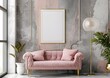 Photo of a large, blank white frame on the wall above an elegant pink velvet sofa Ai generative