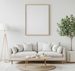 Photo of a large, blank white frame on the wall above an elegant  velvet sofa Ai generative