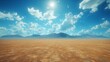 A vast desert stretching to the horizon, its golden sands shimmering in the heat beneath a boundless blue sky