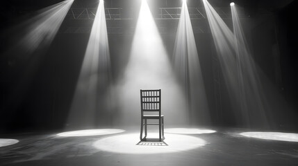 Aufkleber - A wooden chair standing in the middle of an empty stage under the light of soffits in black and white : Generative AI