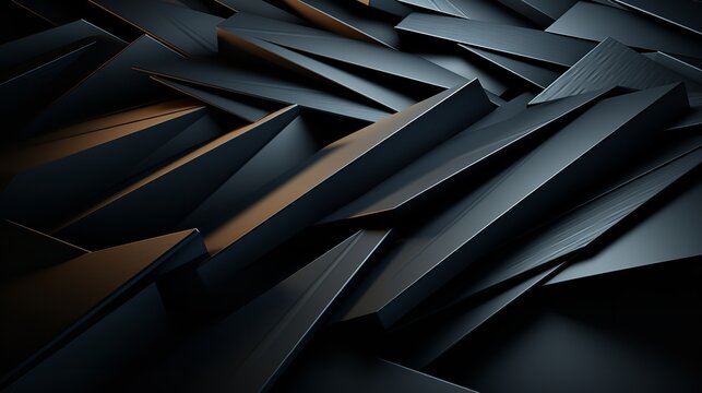 Close-up photo of a stack of black triangles on a black background. A striking and minimalist image with a textured feel. The sharp edges and angles of the triangles create a sense of dynamism
