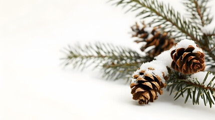 Aufkleber - Branches green spruce with cones on snow on white background : Generative AI