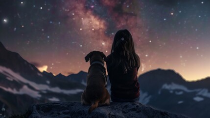 Wall Mural - Back view of a kid and a dog sit together at mountain top with beautiful view of night sky