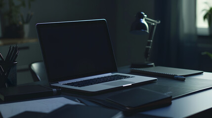 Fototapete - laptop computer with screen and stationery on dark table : Generative AI