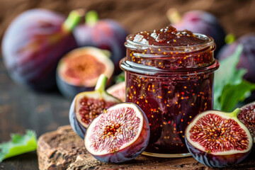 Homemade fig jam in a glass jar, surrounded by ripe fig fruits and leaves on a rustic wooden table