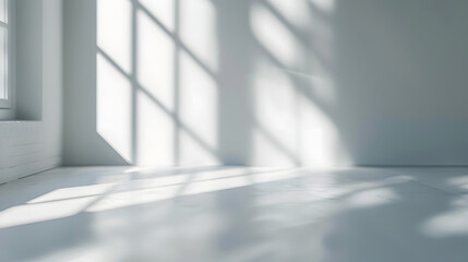 Fototapete - Abstract white studio background for product presentation Empty room with shadows of window Display product with blurred backdrop Banner : Generative AI