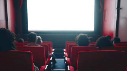 Aufkleber - Cinema blank screen and people in red chairs in the cinema hall Blurred People silhouettes watching movie performance : Generative AI