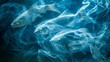 A group of ghostly fish made from swirling smoke, their bodies forming delicate shapes that change and shift with the wind. The underwater scene is illuminated in the style of soft blue light