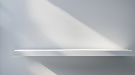 Aufkleber - Empty white shelf horizontal background Minimalist table top with empty space front view Blank pedestal for presentation product blurred sunlight and shadow on wall background : Generative AI